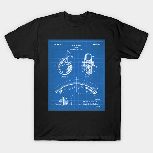 Brass Band Horn Patent - Musician Wind Instrument Art - Blueprint T-Shirt by patentpress